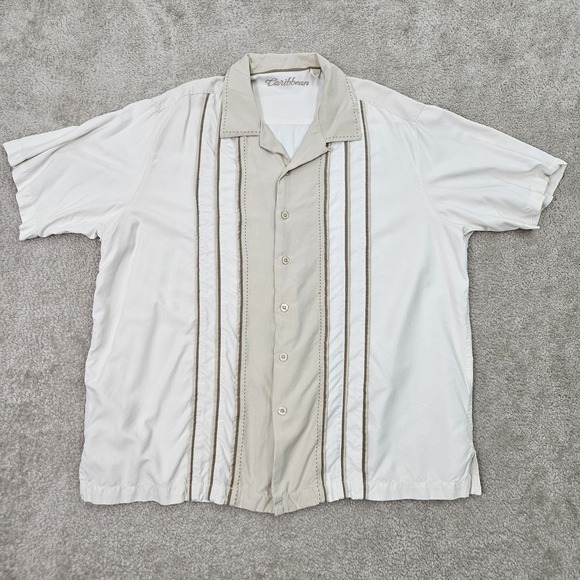 Carribean Other - Caribbean Silk Camp Shirt Mens XL White Textured Stripe Resort Casual Summer